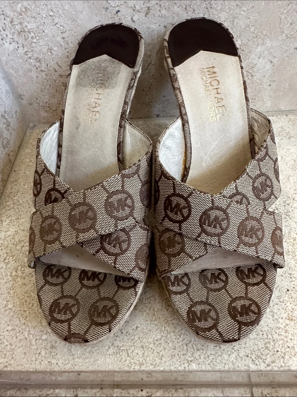 Michael Kors 7.5 Brown Logo Canvas Espadrille Wedge Sandals
